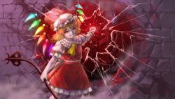 Rule 34 | 1girl, ascot, destruction, embodiment of scarlet devil, fang, fangs, flandre scarlet, hand gesture, hat, highres, holding, holding staff, kawahagi modoki, looking at viewer, mob cap, pointy ears, puffy short sleeves, puffy sleeves, red eyes, short sleeves, staff, touhou, wall, wings, yellow ascot