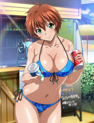 Rule 34 | 1girl, bare arms, bikini, blue bikini, breasts, brown hair, can, chinkyuu koudai, cleavage, closed mouth, collarbone, cowboy shot, day, front-tie bikini top, front-tie top, gluteal fold, green eyes, hair between eyes, halterneck, head tilt, holding, holding can, ikkitousen, large breasts, leaning forward, looking at viewer, navel, outdoors, print bikini, shiny skin, short hair, side-tie bikini bottom, sideboob, smile, solo, standing, swimsuit, thigh gap