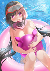 Rule 34 | 1girl, ball, beachball, blush, breasts, brown hair, censored, censored nipples, convenient censoring, fate/grand order, fate (series), goggles, goggles on head, highres, innertube, large breasts, long hair, looking at viewer, low twintails, open mouth, osakabehime (fate), osakabehime (swimsuit archer) (fate), osakabehime (swimsuit archer) (second ascension) (fate), pink scarf, revision, scarf, ski goggles, solo, swim ring, thighs, topless, tsukise miwa, twintails, very long hair, water