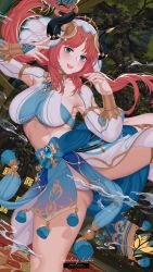 Rule 34 | 1girl, absurdres, arm up, armlet, armpits, blue skirt, blush, bracer, breasts, brooch, dancer, detached sleeves, forest, genshin impact, green eyes, hair ornament, hanada yanochi, harem outfit, highres, horns, jewelry, lantern, large breasts, legs, long hair, long sleeves, looking at viewer, nature, neck ring, nilou (genshin impact), open mouth, puffy detached sleeves, puffy long sleeves, puffy sleeves, red hair, sash, sidelocks, skirt, smile, solo, thighs, veil, water