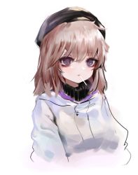 Rule 34 | 1girl, aa-12 (girls&#039; frontline), bad id, bad pixiv id, beret, black hat, brown hair, closed mouth, commentary, dokomon, english commentary, girls&#039; frontline, hair between eyes, hat, highres, hood, hood down, hooded jacket, jacket, long hair, looking at viewer, mouth hold, red eyes, simple background, solo, turtleneck, upper body, white background, white jacket