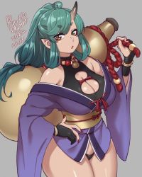 Rule 34 | 1girl, agawa ryou, ahoge, artist name, bare shoulders, black gloves, black panties, bracelet, breast cutout, breasts, carrying, chestnut mouth, cleavage, commentary, contrapposto, cowboy shot, dated, eyeshadow, gloves, gourd, green hair, grey background, hair rings, hand on own hip, hand up, horns, japanese clothes, jewelry, kimono, large breasts, long hair, long sleeves, looking at viewer, low ponytail, makeup, nail polish, numbered, obi, off shoulder, oni, open mouth, original, panties, pointy ears, ponytail, purple kimono, red eyeshadow, red nails, sash, short eyebrows, sidelocks, simple background, single horn, sleeveless, solo, swept bangs, thick thighs, thighs, tsurime, underwear, v-shaped eyebrows, yellow eyes