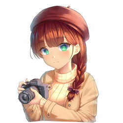 Rule 34 | 1girl, absurdres, beige coat, beige sweater, blush, bow, braid, breasts, brown hair, cabbie hat, camera, closed mouth, coat, commentary request, green eyes, hair bow, hair over shoulder, hat, highres, holding, holding camera, long hair, long sleeves, looking at viewer, medium breasts, numim, original, purple bow, red hat, ribbed sweater, side braid, simple background, single braid, sleeves past wrists, smile, solo, sony, sweater, turtleneck, turtleneck sweater, upper body, white background