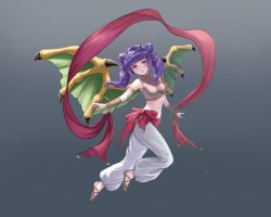 Rule 34 | 1girl, absurdres, anklet, armlet, blush, bracelet, circlet, cosplay, dakkalot, dancer, dancing, dragon wings, fire emblem, fire emblem: the sacred stones, fire emblem heroes, harem outfit, harem pants, highres, jewelry, long hair, looking at viewer, midriff, multi-tied hair, myrrh (fire emblem), necklace, nintendo, octopath traveler, octopath traveler i, pants, purple hair, red eyes, solo, tethys (fire emblem), twintails, veil, wings