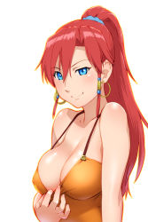 Rule 34 | 10s, 1girl, bare shoulders, bellows (suisei no gargantia), blue eyes, blush, breasts, camisole, cleavage, clothes pull, covered erect nipples, earrings, flashing, from side, hair tubes, high ponytail, hoop earrings, jewelry, large breasts, long hair, naughty face, no bra, outline, parted bangs, ponytail, pulled by self, red hair, scrunchie, shirt tug, sidelocks, simple background, smile, solo, strap gap, suisei no gargantia, teasing, ueyama michirou, uneven eyes, upper body, white background