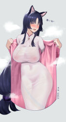 Rule 34 | 1girl, :d, absurdres, animal ear fluff, animal ears, arknights, black hair, blush, breasts, cropped legs, dog ears, facial mark, forehead mark, highres, japanese clothes, kimono, large breasts, long hair, looking at viewer, low-tied long hair, nipples, official alternate costume, open mouth, parted bangs, saga (arknights), saga (there they be) (arknights), see-through, smile, solo, steaming body, translation request, undressing, very long hair, white kimono, wide sleeves, yellow eyes, zhait007