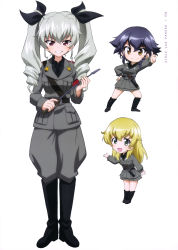 Rule 34 | 10s, 3girls, absurdres, anchovy (girls und panzer), boots, carpaccio (girls und panzer), chibi, girls und panzer, grey hair, highres, jodhpurs, knife, multiple girls, necktie, official art, pants, pepperoni, pepperoni (girls und panzer), riding crop, short hair, simple background, twintails, uniform, weapon, white background