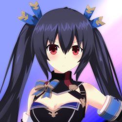 Rule 34 | bare shoulders, black hair, breasts, brests, cleavage, dress, frown, highres, long hair, medium breasts, mirroa1015, neptune (series), noire (neptunia), purple background, red eyes, ribbon, tsundere, twintails, upper body, very long hair, vvvtune