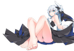 Rule 34 | 1girl, arka91, ass, barefoot, black dress, blue eyes, closed mouth, dress, feet, foot focus, full body, gloves, hair ornament, honkai (series), honkai impact 3rd, looking at viewer, side ponytail, simple background, sleeveless, sleeveless dress, smile, solo, theresa apocalypse, theresa apocalypse (twilight paladin), toes, white background, white gloves, white hair