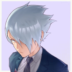 Rule 34 | 1boy, anti (ssss.gridman), formal, frown, grey background, grey hair, gridman universe, hair over one eye, looking at viewer, male focus, mmuttonn, necktie, portrait, simple background, solo, ssss.dynazenon, suit