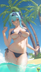 Rule 34 | 1girl, absurdres, beach, bikini, blue bikini, blue hair, blue sky, breasts, breasts apart, covered erect nipples, eula (genshin impact), front-tie bikini top, front-tie top, genshin impact, hairband, highres, large breasts, looking at viewer, nail polish, navel, parted lips, partially submerged, side-tie bikini bottom, skin tight, skindentation, sky, solo, standing, stomach, sweat, swimsuit, tree, underboob, undersized clothes, w.q.y, water, wet, yellow eyes