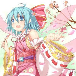 Rule 34 | circled 9, 1girl, :d, ahoge, alternate element, alternate wings, blue eyes, blue hair, blush, bow, cherry blossoms, cirno, dango, detached sleeves, efe, face, flower, food, food on face, hair bow, hair flower, hair ornament, japanese clothes, matching hair/eyes, md5 mismatch, open mouth, seigaiha, short hair, smile, solo, touhou, wagashi, wings