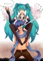 Rule 34 | 1boy, 1girl, aqua eyes, aqua hair, assertive female, bad id, bad pixiv id, blindfold, blue hair, blue scarf, elbow gloves, english text, femdom, food, gloves, hatsune miku, ice cream, kaito (vocaloid), kneeling, long hair, necktie, open mouth, pgb, scarf, sitting on shoulder, sitting on shoulders, spring onion, thighhighs, tongue, tongue out, topless, twintails, unzipped, very long hair, vocaloid