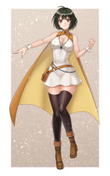 Rule 34 | 1girl, absurdres, adapted costume, ahoge, alternate costume, bare shoulders, belt pouch, black hair, black thighhighs, boots, breasts, brown eyes, brown footwear, cape, cleavage, closed mouth, collared cape, commission, dress, fire emblem, fire emblem: radiant dawn, full body, grey background, hazuki (nyorosuke), highres, jewelry, large breasts, laura (fire emblem), looking at viewer, necklace, nintendo, pointing, pouch, short dress, short hair, skeb commission, sleeveless, sleeveless dress, smile, solo, thighhighs, white dress, wrist cuffs, yellow cape, zettai ryouiki