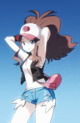 Rule 34 | 1girl, arms up, bare legs, black vest, black wristband, blue background, breasts, brown hair, clenched hands, collarbone, creatures (company), denim, denim shorts, exposed pocket, game freak, hat, high ponytail, highres, hilda (pokemon), legs apart, long hair, looking at viewer, nintendo, open clothes, open vest, pokemon, pokemon bw, qnqn 1020, shirt, short shorts, shorts, sidelocks, sleeveless, sleeveless shirt, smile, solo, standing, vest, white hat, white shirt, wide hips