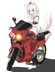 Rule 34 | 1girl, animal ears, black skirt, blush, closed mouth, commentary request, detached sleeves, expressionless, full body, hair between eyes, hat, highres, houkai (collapse illust), inubashiri momiji, looking at viewer, motor vehicle, motorcycle, on motorcycle, pom pom (clothes), red eyes, red hat, ribbon-trimmed sleeves, ribbon trim, shirt, short hair, simple background, sitting, skirt, sleeveless, sleeveless shirt, solo, suzuki (company), suzuki m109, tail, tokin hat, touhou, turtleneck, turtleneck shirt, white background, white hair, white shirt, white sleeves, wolf ears, wolf girl, wolf tail