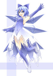 Rule 34 | 1girl, alternate costume, blue eyes, blue hair, blue thighhighs, bow, cirno, dress, elbow gloves, gloves, hair bow, ice, ice wings, inyuppo, matching hair/eyes, open mouth, short hair, smile, solo, thighhighs, touhou, wings