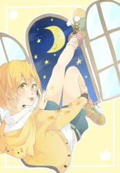 Rule 34 | 1girl, blue shorts, blush, brown footwear, commentary request, crescent moon, hair between eyes, highres, hood, hooded jacket, hoshizora rin, jacket, kashikaze, long sleeves, looking at viewer, love live!, love live! school idol project, moon, open clothes, open jacket, orange hair, orange jacket, shirt, short hair, shorts, smile, socks, solo, star (sky), tongue, tongue out, white shirt, white socks, yellow eyes, zipper
