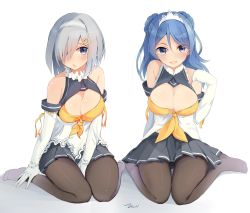 Rule 34 | 10s, 2girls, alternate costume, bare shoulders, black legwear, blue eyes, blue hair, breasts, cleavage, commentary request, elbow gloves, eyebrows, gloves, hair ornament, hair over one eye, hairband, hairclip, hamakaze (kancolle), highres, kantai collection, large breasts, long hair, looking at viewer, multiple girls, necktie, open mouth, pantyhose, pleated skirt, short hair, siblings, silver hair, simple background, sisters, sitting, skirt, smile, tebi (tbd11), urakaze (kancolle), wariza, white background, white gloves, yellow necktie