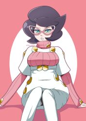 Rule 34 | 1girl, absurdres, artist name, big hair, breasts, buttons, capelet, creatures (company), d-thekid, formal, game freak, glasses, green eyes, half-closed eyes, heart, heart-shaped pupils, high-waist skirt, highres, knees together feet apart, large breasts, long sleeves, medium breasts, medium skirt, nintendo, pencil skirt, pink-framed eyewear, pink sweater, pokemon, pokemon sm, purple hair, ribbed sweater, sitting, skirt, solo, suit, sweater, symbol-shaped pupils, turtleneck, turtleneck sweater, twitter username, white capelet, white skirt, wicke (pokemon)