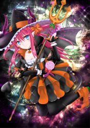 Rule 34 | 1girl, black thighhighs, blue eyes, breasts, cleavage, collar, collarbone, dress, elizabeth bathory (fate), elizabeth bathory (fate/extra ccc), elizabeth bathory (fate/grand order), elizabeth bathory (halloween caster) (fate), fate/grand order, fate (series), hair ribbon, halloween costume, hat, holding, holding weapon, horns, long hair, orange ribbon, pink hair, pointy ears, ribbon, small breasts, smile, solo, striped clothes, striped dress, thighhighs, vertical-striped clothes, vertical-striped dress, weapon, witch hat, yuzushiro (sei)