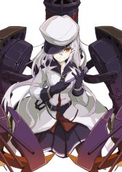 Rule 34 | 1girl, black gloves, black pantyhose, black skirt, boushi-ya, brown eyes, cannon, coat, colored skin, cowboy shot, facial scar, gangut (kancolle), gloves, hat, kantai collection, machinery, pantyhose, peaked cap, pleated skirt, red shirt, scar, scar on cheek, scar on face, shirt, simple background, skirt, smokestack, solo, standing, turret, white background, white coat, white hair, white hat, white skin