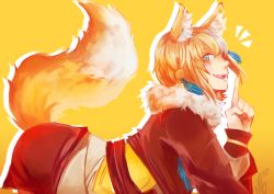 Rule 34 | 1girl, animal ears, blonde hair, fire emblem, fire emblem fates, fox ears, fox tail, gradient background, green eyes, highres, japanese clothes, kimono, nintendo, selkie (fire emblem), solo, tail