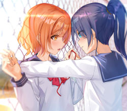 Rule 34 | 2girls, against fence, blue eyes, blue hair, blue sailor collar, blush, bow, bowtie, chain-link fence, day, eye contact, unworn eyewear, fence, from side, glasses, hachinatsu, kabedon, lens flare, long hair, long sleeves, looking at another, multiple girls, open mouth, orange eyes, orange hair, original, outdoors, parted lips, ponytail, red-framed eyewear, red bow, red neckwear, sailor collar, school uniform, serafuku, shirt, smile, sunlight, upper body, white shirt, yuri
