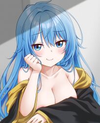Rule 34 | 1girl, absurdres, areola slip, armpit crease, bare shoulders, black jacket, blue eyes, blue hair, blurry, blush, breasts, cleavage, closed mouth, collarbone, commentary, crossed bangs, elie wayne, grey background, hair between eyes, hair intakes, hand on own cheek, hand on own face, head rest, highres, jacket, jan azure, large breasts, long hair, long sleeves, looking at viewer, mole, mole on shoulder, multicolored clothes, multicolored jacket, naked jacket, naughty face, off shoulder, open clothes, original, puffy sleeves, sleeves past wrists, smile, smug, symbol-only commentary, upper body, wavy hair, yellow jacket