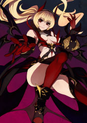 Rule 34 | 1girl, ankle boots, bare shoulders, blonde hair, boots, breasts, caee penguin, cleavage, demon wings, elbow gloves, fang, fangs, from below, gloves, highres, legs, long hair, looking at viewer, looking down, original, outstretched hand, ponytail, red eyes, red hair, red thighhighs, revealing clothes, sideboob, smile, solo, sparkle, spread fingers, thighhighs, thighs, wings