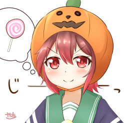 Rule 34 | 1girl, blue jacket, brown hair, candy, food, gradient hair, green sailor collar, hood, jacket, kantai collection, lollipop, looking at viewer, multicolored hair, mutsuki (kancolle), mutsuki kai ni (kancolle), one-hour drawing challenge, pumpkin, red hair, sailor collar, school uniform, serafuku, short hair, simple background, smile, solo, thought bubble, upper body, white background, zanne