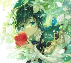 Rule 34 | 1boy, absurdres, androgynous, apple, beret, black hair, blue hair, braid, cape, character name, collared cape, collared shirt, commentary request, copyright name, dappled sunlight, english text, flower, food, frilled sleeves, frills, fruit, genshin impact, gradient hair, green cape, green eyes, green hat, hat, hat flower, highres, holding, holding food, holding fruit, leaf, long sleeves, looking at viewer, male focus, multicolored hair, nyansan oekaki, parted lips, petals, shirt, short hair with long locks, side braids, sidelocks, solo, sunlight, twin braids, venti (genshin impact), white flower, white shirt, wind