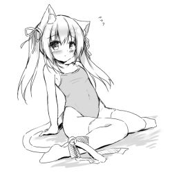 Rule 34 | 1girl, alternate hairstyle, animal ear fluff, animal ears, arm support, azur lane, bare arms, bare shoulders, bell, blush, bow, cat ears, cat girl, cat tail, closed mouth, competition school swimsuit, covered navel, dutch angle, flying sweatdrops, full body, greyscale, hair between eyes, hair ribbon, jingle bell, kisaragi (azur lane), knees together feet apart, leaning back, long hair, monochrome, no shoes, one-piece swimsuit, purinpurin, ribbon, school swimsuit, shadow, simple background, sitting, solo, swimsuit, tail, tail bell, tail bow, tail ornament, thighhighs, twintails, wariza, white background