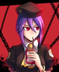 Rule 34 | 1girl, beret, blood, blood bag, braid, brown vest, chain, collared shirt, commission, dootmoon, drinking blood, drinking straw, drinking straw in mouth, eltnum, hair between eyes, hat, highres, jewelry, long hair, melty blood, puffy short sleeves, puffy sleeves, purple hair, red background, red eyes, shirt, short sleeves, single braid, sion eltnam atlasia, sion tatari, solo, tsukihime, vampire, vest, wing collar