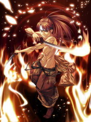 Rule 34 | 1boy, bad id, bad pixiv id, baggy pants, belt, blood, dual wielding, fire, harede shou, haredesyo, headband, holding, long hair, male focus, muscular, no panties, original, pants, petals, ponytail, red hair, solo, sword, topless male, weapon