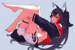 Rule 34 | 1girl, animal ears, bikini, bikini under clothes, black hair, black jacket, closed mouth, commentary, expressionless, flipped hair, front-tie bikini top, front-tie top, full body, hair between eyes, highres, hololive, hugging own legs, jacket, knees up, long hair, long sleeves, looking at viewer, moguri (kxh5061), multicolored hair, navel, official alternate costume, ookami mio, ookami mio (hololive summer 2019), open clothes, open jacket, orange bikini, ponytail, print bikini, red hair, sandals, shading eyes, shorts, side-tie bikini bottom, solo, stomach, streaked hair, swimsuit, tail, tail around own leg, tail wrap, thick thighs, thigh strap, thighs, toes, very long hair, virtual youtuber, white shorts, wolf ears, wolf girl, wolf tail, yellow eyes