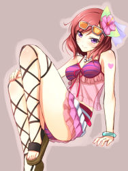 Rule 34 | 1girl, arm support, bikini, blush, breasts, commentary, eyewear on head, flower, grey background, hair flower, hair ornament, jewelry, looking at another, looking at viewer, love live!, medium breasts, natsuiro egao de 1 2 jump!, necklace, nishikino maki, purple z, red hair, revealing clothes, sandals, smile, solo, striped bikini, striped clothes, sunglasses, swimsuit, yu-ta