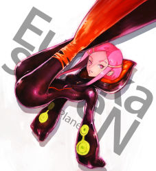 Rule 34 | 1girl, anemone (eureka seven), ass, bodysuit, boyaking, eureka seven, eureka seven (series), hair ornament, hairclip, legs up, pink eyes, pink hair, skin tight, solo