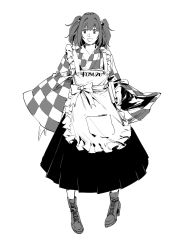 Rule 34 | 1girl, :d, ankle boots, apron, bell, book, boots, bright pupils, checkered clothes, checkered dress, cross-laced footwear, dress, full body, greyscale, hair bell, hair ornament, high heel boots, high heels, highres, holding, holding book, jingle bell, long skirt, long sleeves, looking at viewer, maid apron, monochrome, motoori kosuzu, open mouth, pleated skirt, ruukii drift, short hair, simple background, skirt, skirt under dress, smile, solo, touhou, twintails, white background, wide sleeves