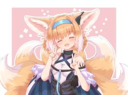 Rule 34 | 1girl, :d, ^ ^, animal ears, arknights, bad id, bad pixiv id, bare shoulders, blouse, blue hairband, blush, braid, braided hair rings, chrocatz, closed eyes, commentary request, double v, facing viewer, fang, floral background, fox ears, fox girl, fox tail, hair rings, hairband, hands up, head tilt, highres, infection monitor (arknights), kitsune, material growth, open mouth, oripathy lesion (arknights), outline, pink background, shirt, smile, solo, suzuran (arknights), tail, twin braids, two-tone background, v, white background, white outline, white shirt