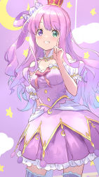 Rule 34 | 1girl, candy hair ornament, crown, dress, food-themed hair ornament, gradient hair, green eyes, guchico, hair ornament, hair rings, heterochromia, highres, himemori luna, himemori luna (1st costume), hololive, index finger raised, long hair, looking at viewer, mini crown, multicolored hair, one side up, pink hair, purple dress, purple eyes, purple hair, smile, solo, thighhighs, two-tone hair, virtual youtuber, wavy hair