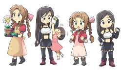 Rule 34 | 3girls, aerith gainsborough, apron, bangle, black bra, black gloves, black hair, black skirt, black thighhighs, blunt bangs, boots, bra, bracelet, braid, braided ponytail, breasts, brown apron, brown eyes, brown footwear, brown hair, chibi, child, clenched hand, closed eyes, crop top, cropped jacket, dress, earrings, elbow gloves, final fantasy, final fantasy vii, final fantasy vii remake, fingerless gloves, flexing, flower, flower pot, full body, gardening, gloves, green eyes, green gloves, hair ribbon, hand on own hip, hanging on arm, highres, jacket, jewelry, long dress, long hair, low-tied long hair, marlene wallace, midriff, miniskirt, multiple girls, multiple views, navel, open mouth, parted bangs, pink dress, pink footwear, pink ribbon, puffy short sleeves, puffy sleeves, red jacket, ribbon, shirt, short hair, short sleeves, sidelocks, simple background, skirt, smile, sports bra, standing, thighhighs, tifa lockhart, tsubobot, underwear, white background, white flower, white shirt