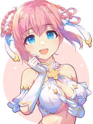 Rule 34 | 1girl, :d, bad id, bad pixiv id, bare shoulders, blue eyes, breasts, check commentary, cleavage, commentary, commentary request, cowboy shot, dress, gloves, hair ornament, hair rings, highres, looking at viewer, medium breasts, official alternate costume, open mouth, pink hair, princess connect!, short hair, smile, solo, white gloves, yako noir (kei-ne), yui (ceremonial) (princess connect!), yui (princess connect!)