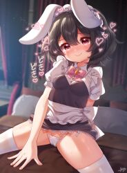 Rule 34 | 1girl, alternate costume, animal ears, apron, bed, black dress, black hair, blush, bow, bowtie, breasts, buttons, cameltoe, carrot pin, cleft of venus, closed mouth, clothes lift, commentary request, cowboy shot, dress, dress lift, enmaided, floppy ears, frilled apron, frills, hair between eyes, heart, highres, inaba tewi, indoors, lace, lace-trimmed dress, lace trim, looking at viewer, maid, maid headdress, medium bangs, on bed, paid reward available, panties, pillow, pink bow, pink bowtie, rabbit ears, rabbit girl, red eyes, see-through, see-through legwear, shirt, short dress, short hair, signature, small breasts, smile, solo, strapless, strapless dress, thighhighs, thong, touhou, underwear, waist apron, white apron, white panties, white shirt, white thighhighs, yufukiri