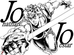 Rule 34 | 1boy, araki hirohiko (style), character name, commentary request, electricity, fingerless gloves, gloves, hamon, hatching (texture), highres, jojo no kimyou na bouken, jonathan joestar, luck and pluck, male focus, monochrome, muscular, official style, open mouth, phantom blood, smile, solo, spot color, sword, taki reki, weapon