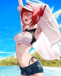 Rule 34 | 1girl, arknights, armpits, arms up, beach, bikini, blue shorts, blue sky, breasts, cleavage, cloud, day, denim, denim shorts, detached wings, energy wings, exusiai (arknights), halo, highres, medium breasts, midriff, navel, ocean, open mouth, outdoors, palm tree, red eyes, red hair, sand, short hair, short shorts, shorts, side-tie bikini bottom, sky, smile, solo, sonna watashi, standing, stomach, swimsuit, tree, visor cap, white bikini, wings