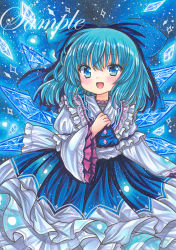 Rule 34 | 1girl, :d, alternate costume, blue bow, blue dress, blue eyes, blue hair, blue theme, blush, bow, buttons, cirno, cowboy shot, crystal, dot nose, dress, fang, fireflies, frilled dress, frilled shirt collar, frilled sleeves, frills, hair bow, hand on own chest, hand up, ice, ice wings, long sleeves, looking at viewer, marker (medium), medium hair, open mouth, rui (sugar3), sample watermark, sash, short hair, smile, solo, sparkle, touhou, traditional media, watermark, white dress, white sash, wide sleeves, wings
