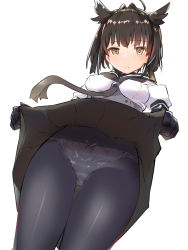 Rule 34 | 1girl, black bodysuit, black gloves, black hair, black pantyhose, blush, bodysuit, breasts, brown eyes, caburi, closed mouth, clothes lift, from below, gloves, hair flaps, hatsuzuki (kancolle), kantai collection, lifted by self, looking at viewer, panties, panties under pantyhose, pantyhose, pantyshot, school uniform, serafuku, short hair, simple background, skin tight, skirt, skirt lift, small breasts, solo, underwear, white background, yellow eyes