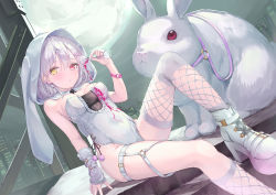 Rule 34 | 1girl, animal, animal ears, animal hood, asymmetrical legwear, bare shoulders, boots, breasts, center frills, commentary request, cup, fake animal ears, fishnet socks, fishnet thighhighs, fishnets, frills, full moon, hair between eyes, hand up, heterochromia, high heel boots, high heels, highres, holding, holding cup, hood, hood up, knee up, kneehighs, leotard, medium breasts, moon, night, night sky, original, outdoors, parufeito, platform boots, platform footwear, platform heels, pouring, pouring onto self, rabbit, rabbit ears, red eyes, single kneehigh, single sock, single thighhigh, sitting, sky, socks, solo, strapless, strapless leotard, thighhighs, white footwear, white hair, white leotard, white socks, white thighhighs, yellow eyes