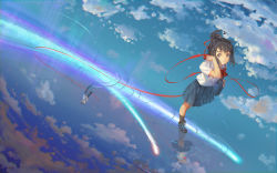 Rule 34 | 10s, 1boy, 1girl, alphonse (white datura), black hair, blue skirt, bow, bowtie, brown eyes, cloud, cloudy sky, collared shirt, hands in pockets, highres, kimi no na wa., loafers, miyamizu mitsuha, pleated skirt, ponytail, red bow, red bowtie, reflection, school uniform, shirt, shoes, short sleeves, skirt, sky, socks, standing, string, string of fate, tachibana taki, white shirt